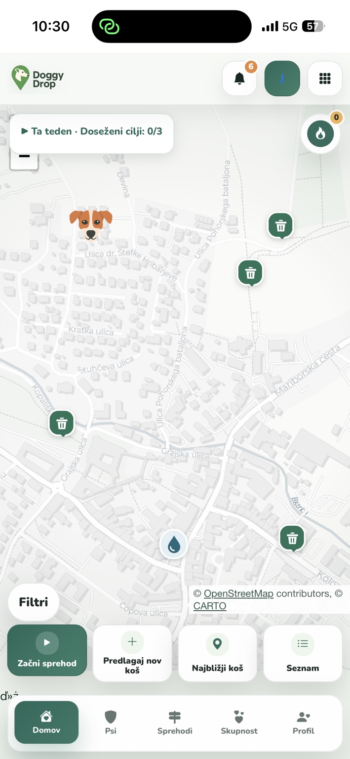 DoggyDrop: zemljevid s koši za pasje iztrebke in navigacijo aplikacije
