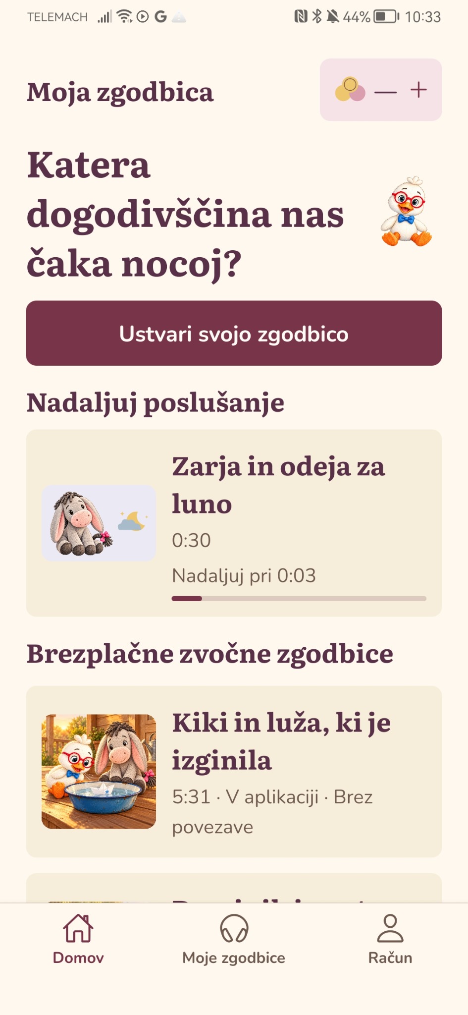 Moja zgodbica: začetni zaslon z ustvarjanjem pravljice in zvočnimi zgodbicami